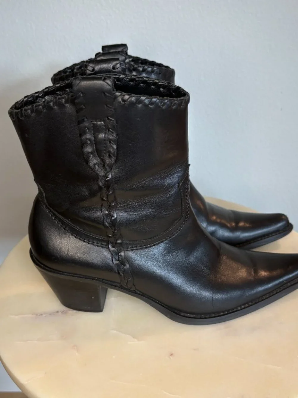 Franco Sarto Levee Black Leather Pointed Toe Western Cowboy Boots Size 8m